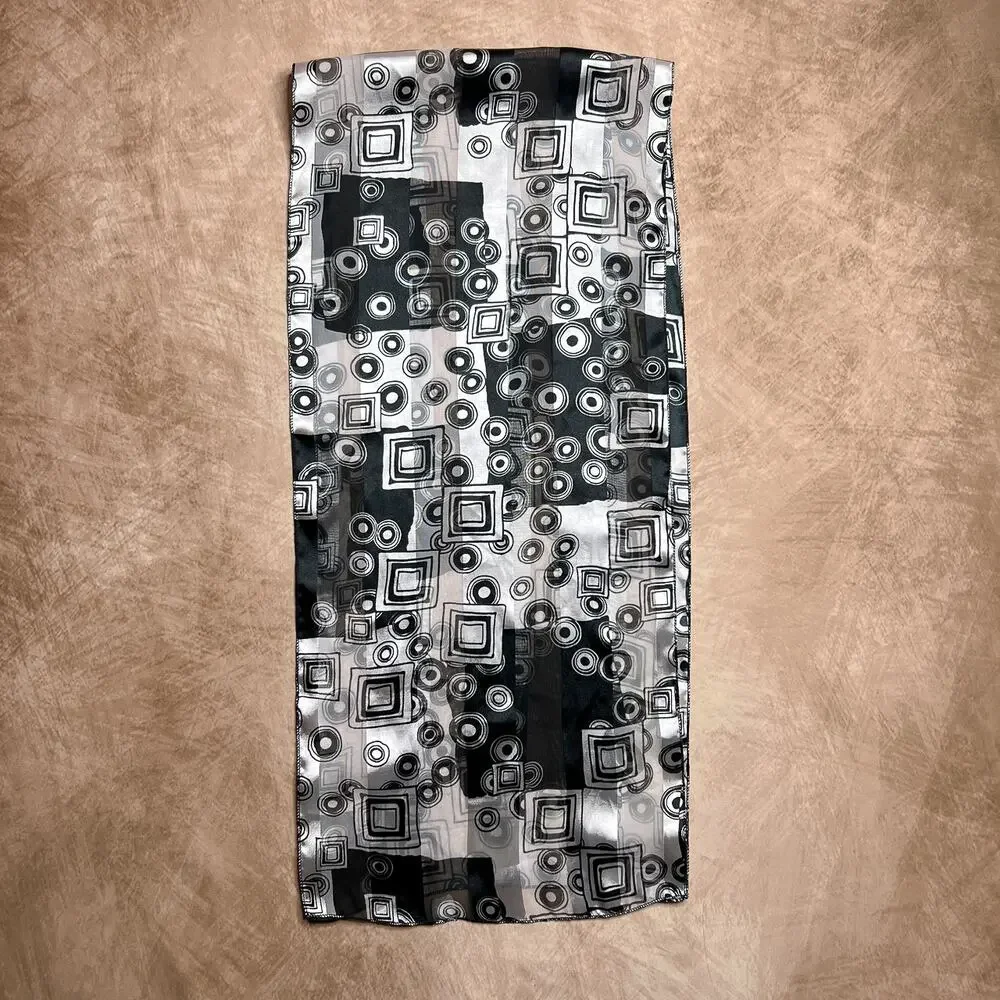Vintage 90s Black & White Geometric Print Satin Scarf Rectangle Y2K McBling Euro
